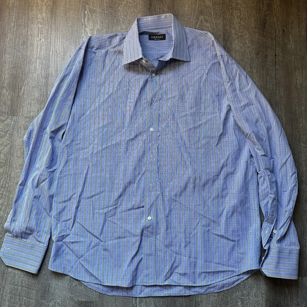 Canali Shirt Mens 43 17 Blue Plaid Dress Long Sleeve Button Front Italy‎ Cotton